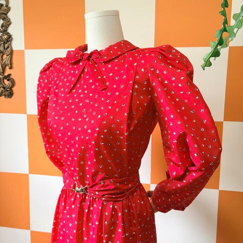 80s Vintage Red Geometric Print Peter Pan Pussybow Collar Midi Dress